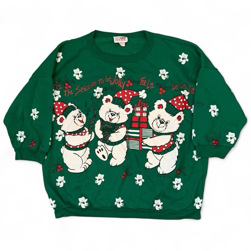 Vintage Green Christmas Sweatshirt Made In USA One Size Fits Most 1989 Bears